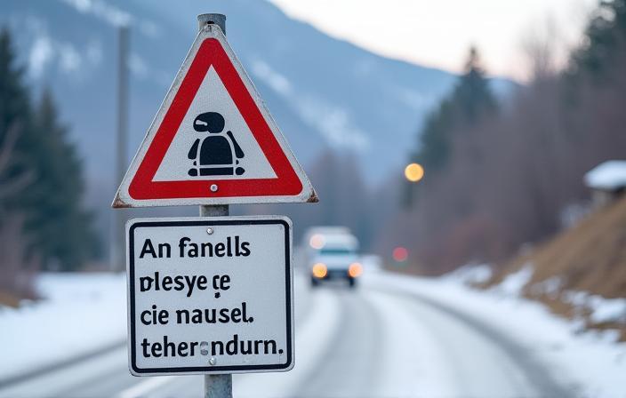 Ein österreichisches Verkehrswarnschild mit Symbolen für Glatteis und Schnee